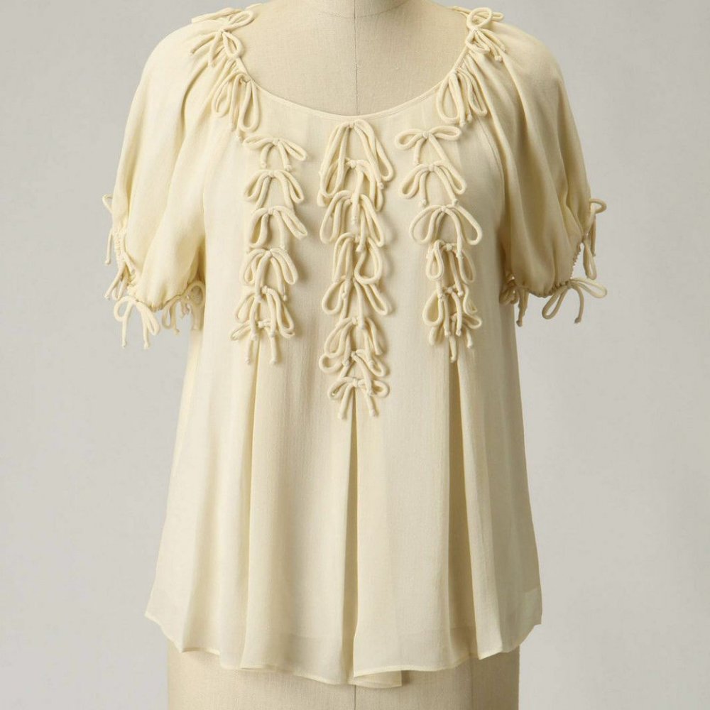 Anthropologie Bow Bounty Blouse Ivory Silk Crepe Top By Leifsdottir RARE size 6